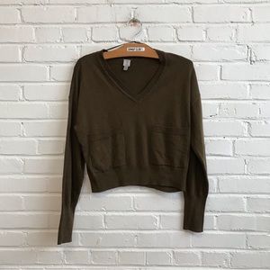 TRISTAN khaki boxy long sleeve V neck sweater